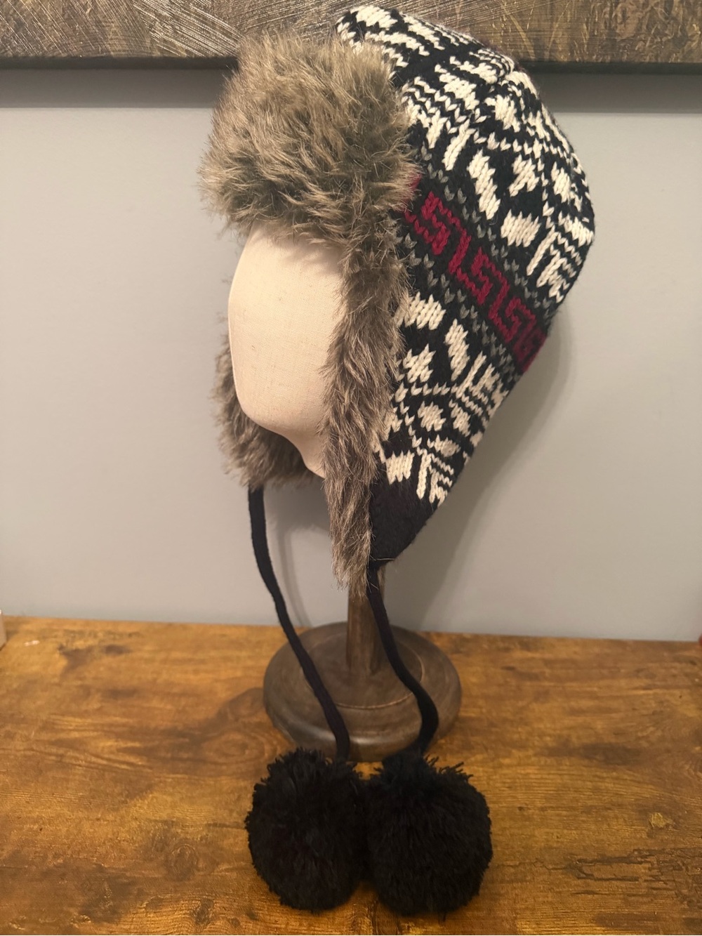 Trapper Hat Faux Fur Nordic Fair Isle Ski Snowboard Ear Flap Pom Pom Screamer